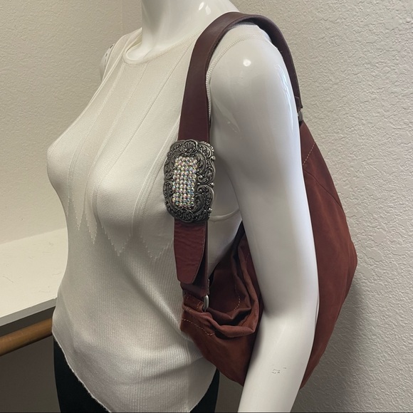 FOSSIL •Brushed Canvas/Wide Leather Strap Shoulder Bag with Rhinestone Buckle - Picture 12 of 12